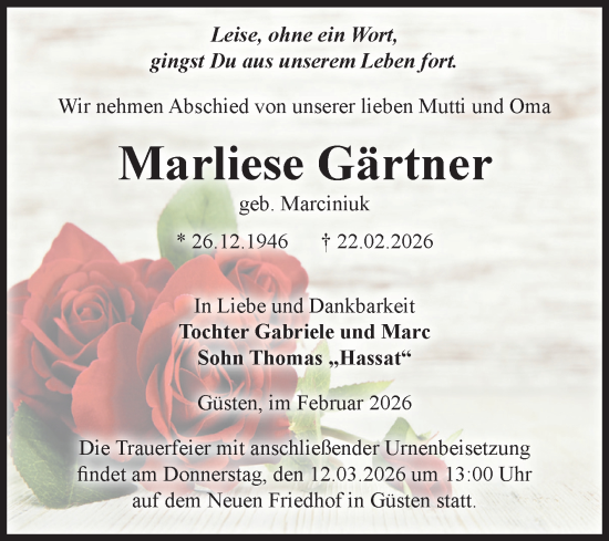 Traueranzeige von Marliese Gärtner 