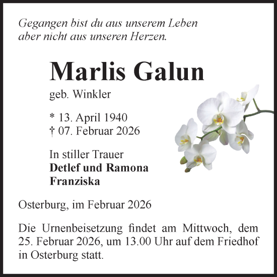 Traueranzeige von Marlis Galun von Volksstimme Altmark Ost