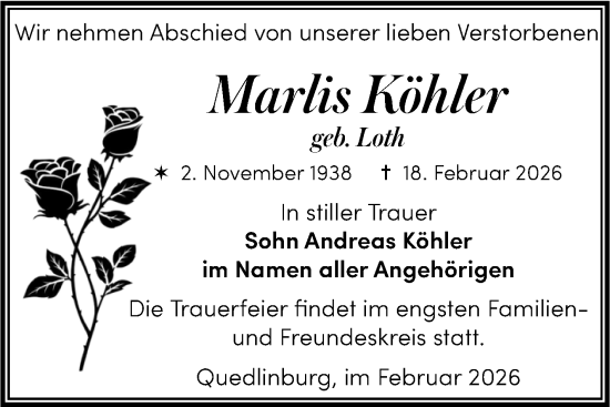 Traueranzeige von Marlis Köhler von Trauerkombi Quedlinburg
