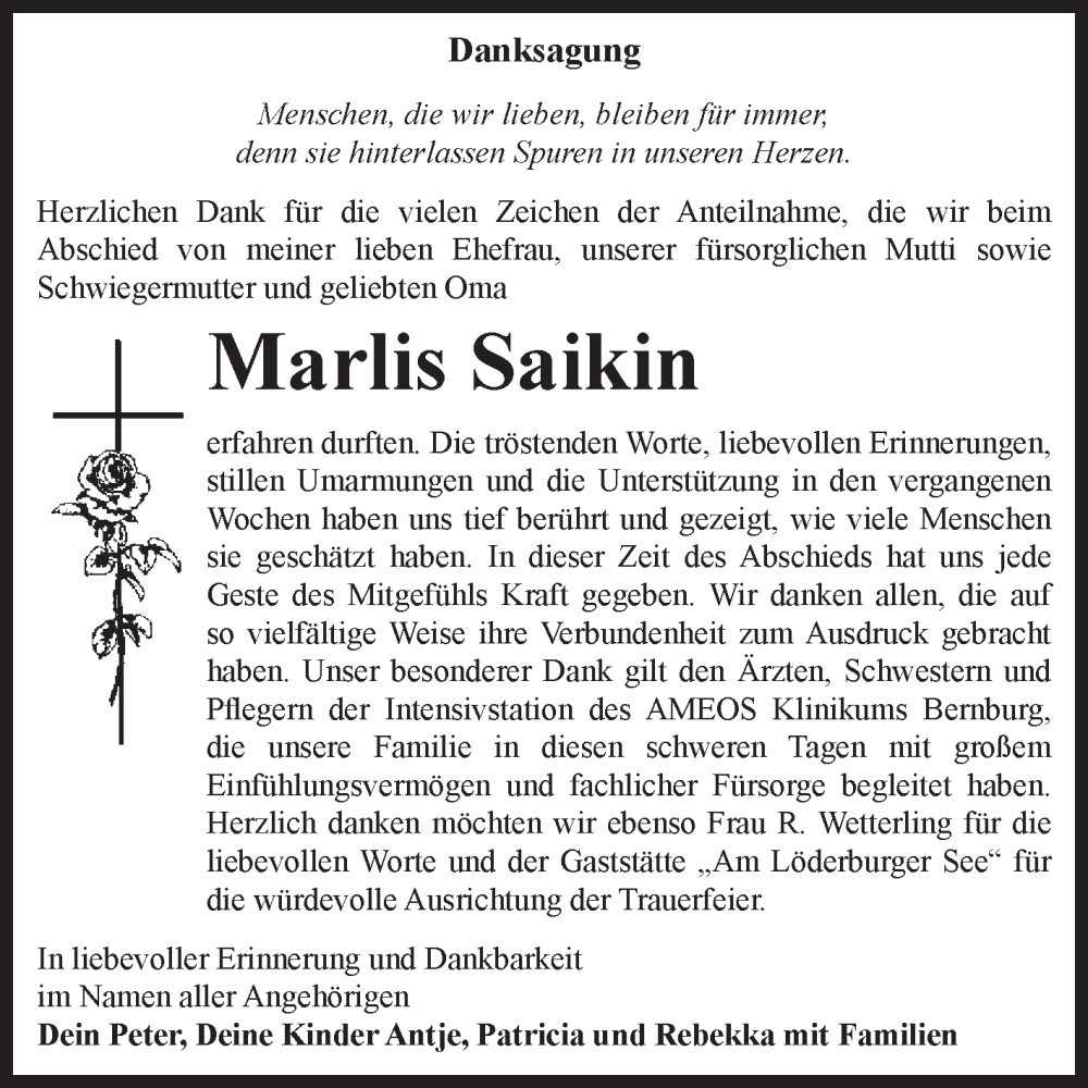  Traueranzeige für Marlis Saikin vom 07.02.2026 aus 