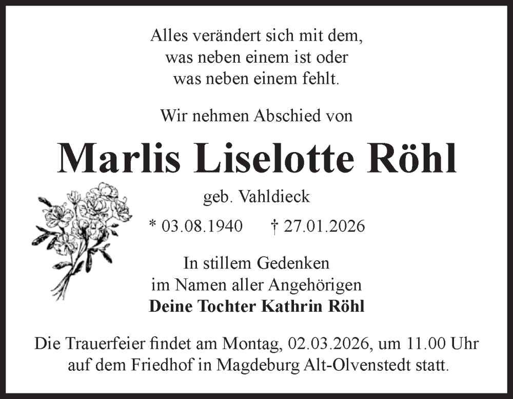  Traueranzeige für Marlis Liselotte Röhl vom 07.02.2026 aus Volksstimme Magdeburg