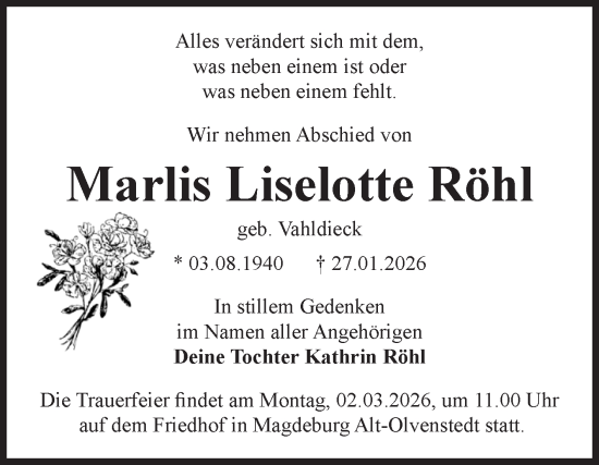 Traueranzeige von Marlis Liselotte Röhl von Volksstimme Magdeburg
