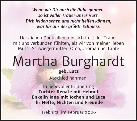 Traueranzeige von Martha Burghardt von Trauerkombi Weißenfels