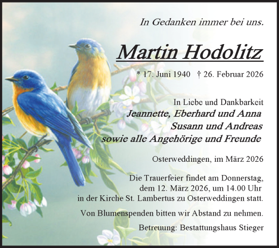 Traueranzeige von Martin Hodolitz von Volksstimme Oschersleben/Wanzleben