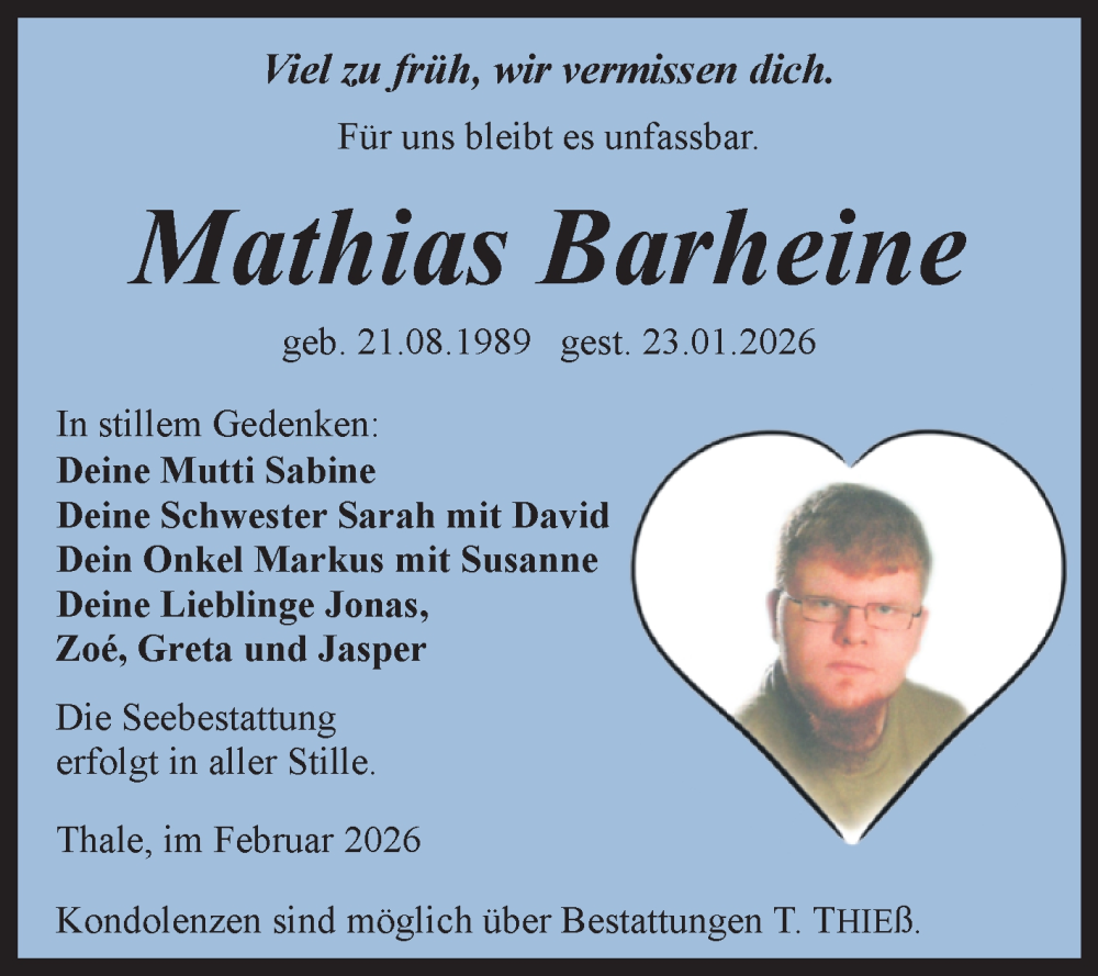  Traueranzeige für Mathias Barheine vom 07.02.2026 aus Trauerkombi Quedlinburg