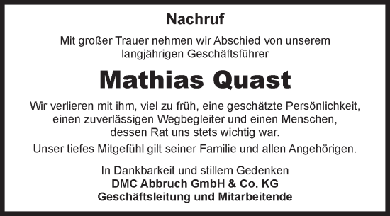 Traueranzeige von Mathias Quast von Volksstimme Magdeburg