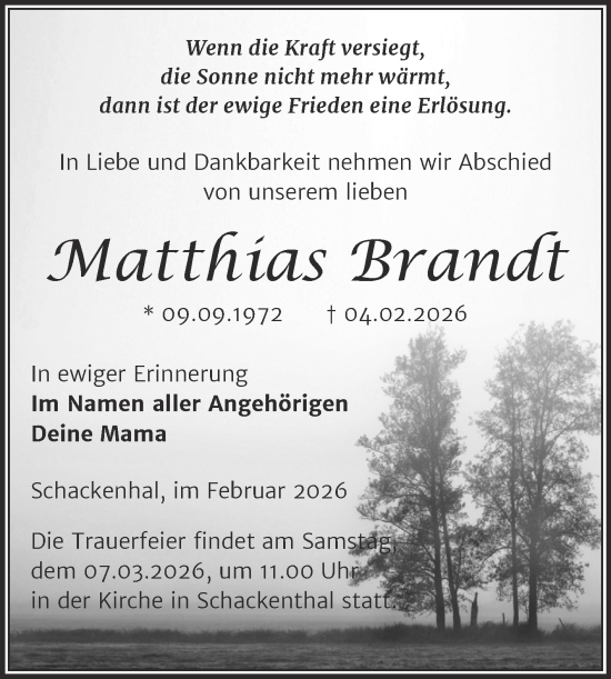 Traueranzeige von Matthias Brandt von Trauerkombi Aschersleben