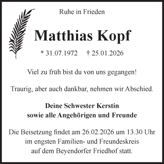 Traueranzeige von Matthias Kopf von Volksstimme Magdeburg