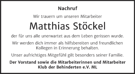 Traueranzeige von Matthias Stöckel von Super Sonntag Mansfelder Land