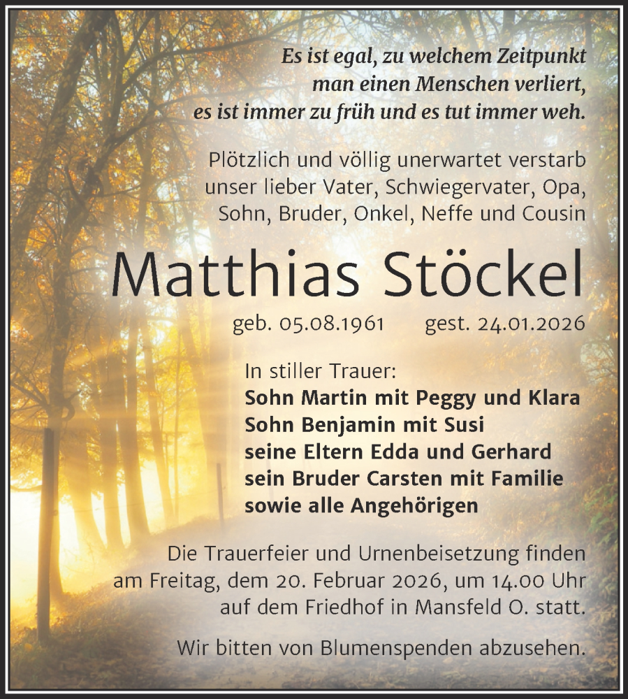  Traueranzeige für Matthias Stöckel vom 07.02.2026 aus Trauerkombi Mansfelder Land