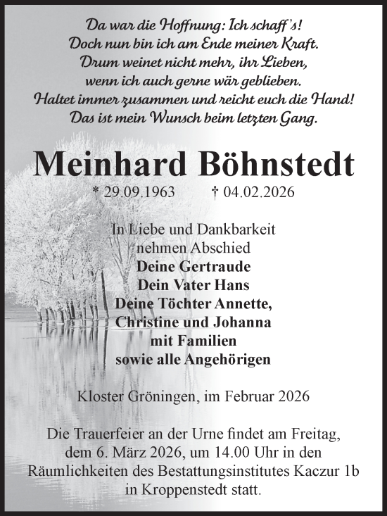 Traueranzeige von Meinhard Böhnstedt von Volksstimme Oschersleben/Wanzleben