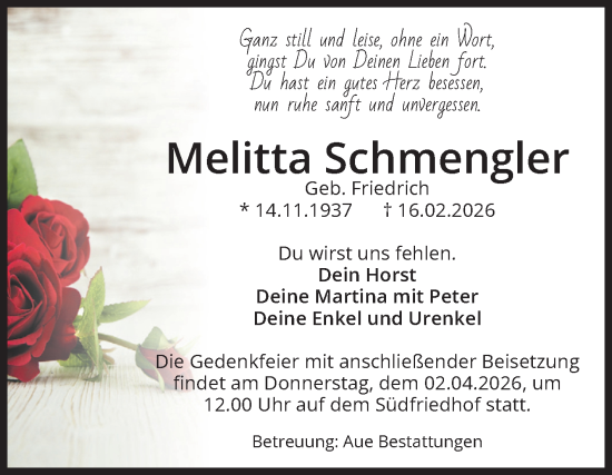 Traueranzeige von Melitta Schmengler von Volksstimme Magdeburg