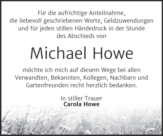 Traueranzeige von Michael Howe von Trauerkombi Bernburg