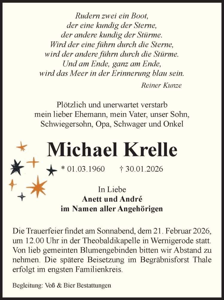  Traueranzeige für Michael Krelle vom 07.02.2026 aus Volksstimme Wernigerode