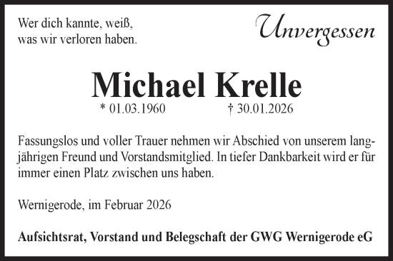 Traueranzeige von Michael Krelle von Volksstimme Wernigerode