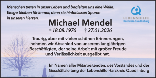 Traueranzeige von Michael Mendel von Super Sonntag Quedlingburg