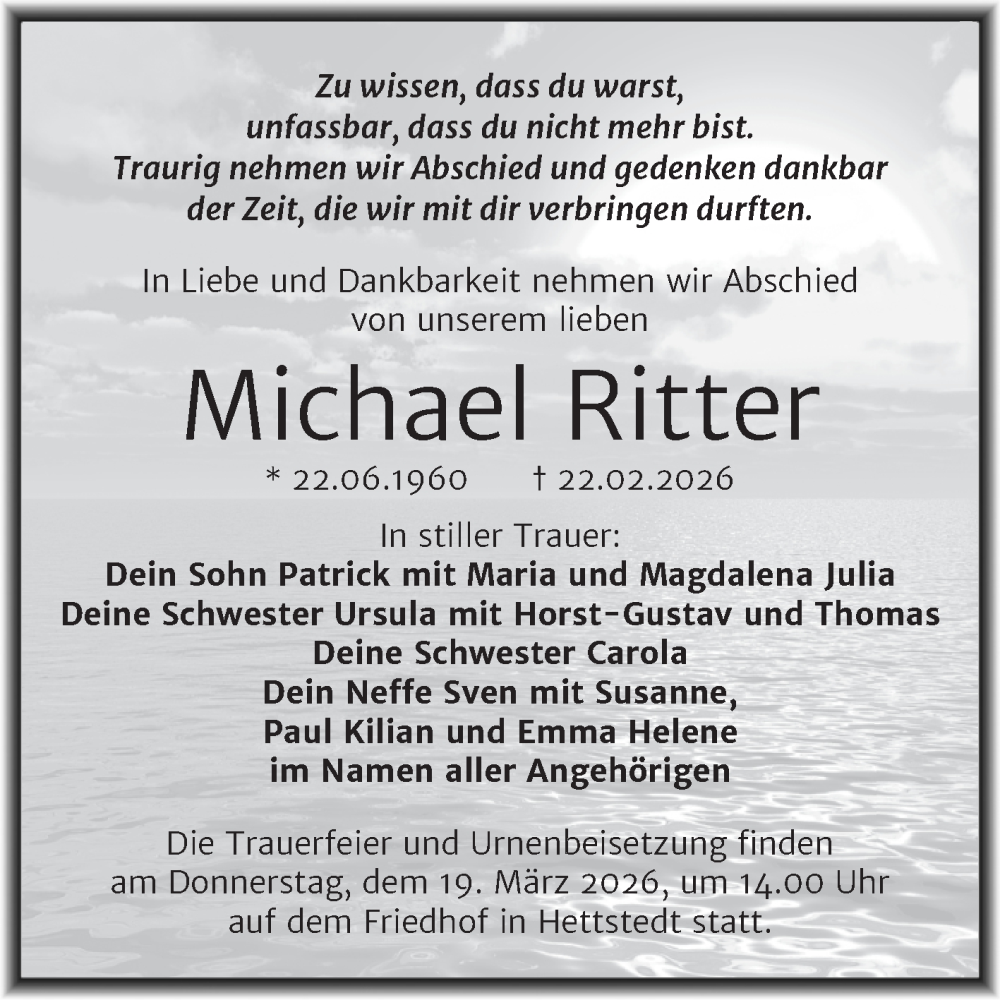  Traueranzeige für Michael Ritter vom 28.02.2026 aus Trauerkombi Mansfelder Land