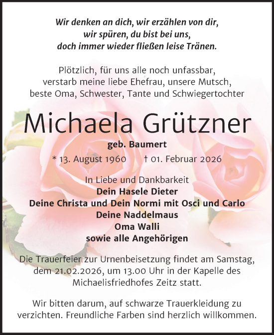 Traueranzeige von Michaela Grützner von Trauerkombi Zeitz