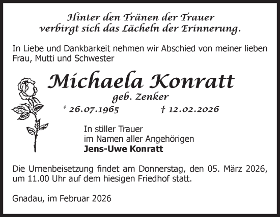 Traueranzeige von Michaela Konratt von Volksstimme Schönebeck