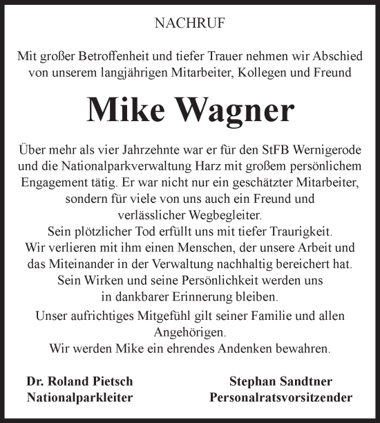 Traueranzeige von Mike Wagner von Volksstimme Wernigerode