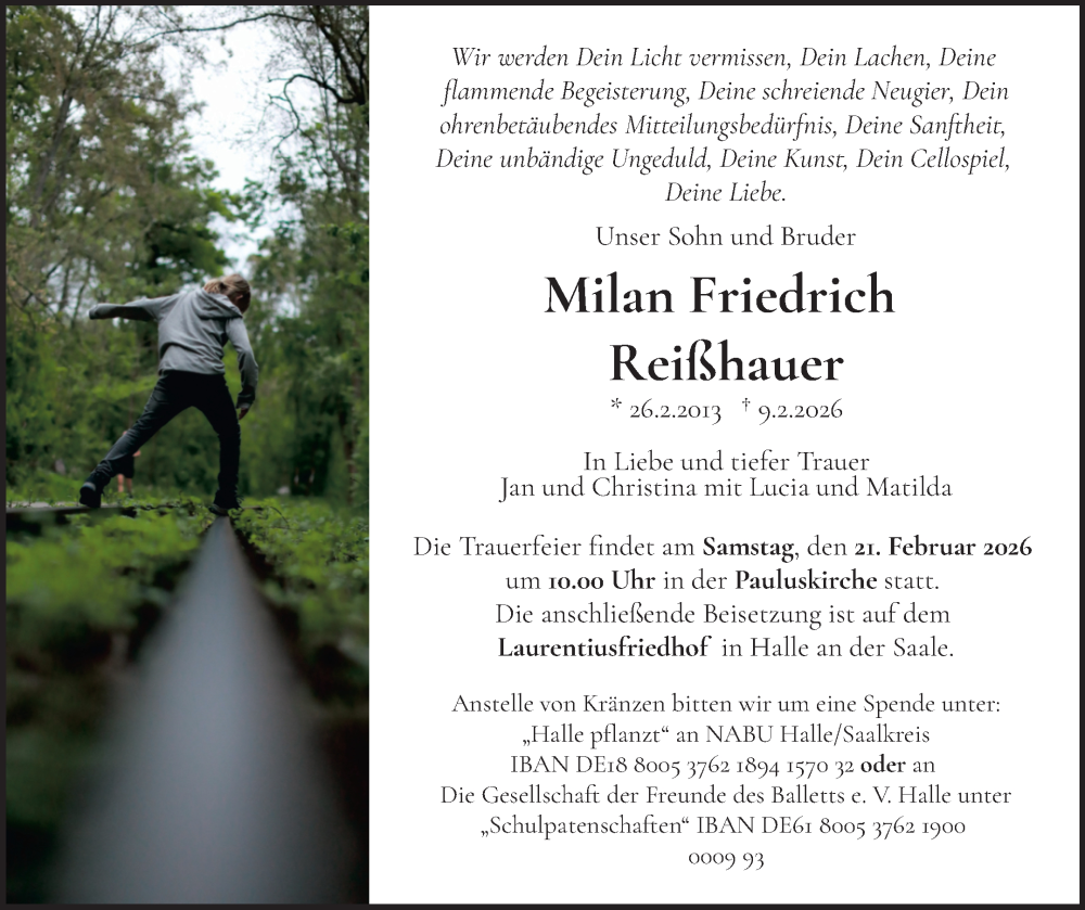  Traueranzeige für Milan Friedrich Reißhauer vom 19.02.2026 aus Mitteldeutsche Zeitung Halle/Saalkreis