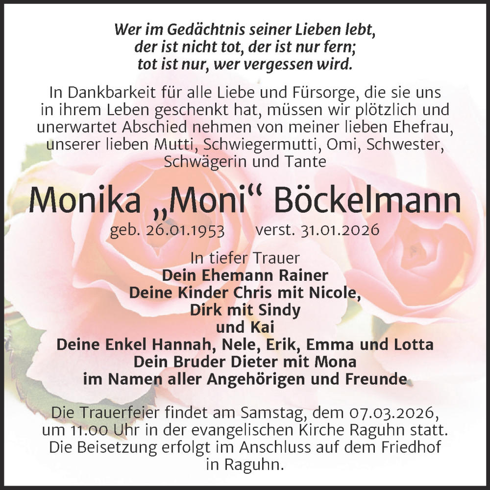  Traueranzeige für Monika Böckelmann vom 21.02.2026 aus Trauerkombi Bitterfeld