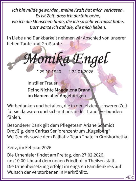 Traueranzeige von Monika Engel von Trauerkombi Weißenfels