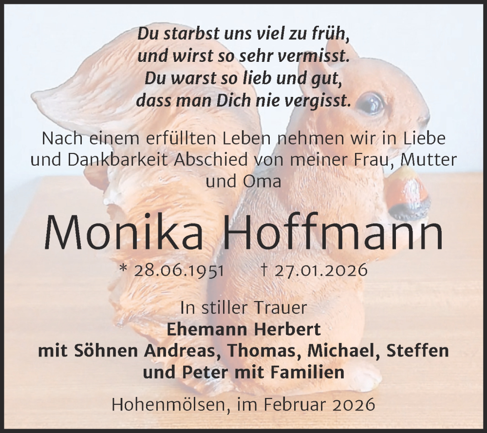  Traueranzeige für Monika Hoffmann vom 07.02.2026 aus Trauerkombi Weißenfels