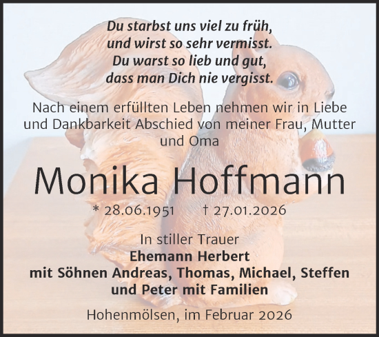 Traueranzeige von Monika Hoffmann von Trauerkombi Weißenfels