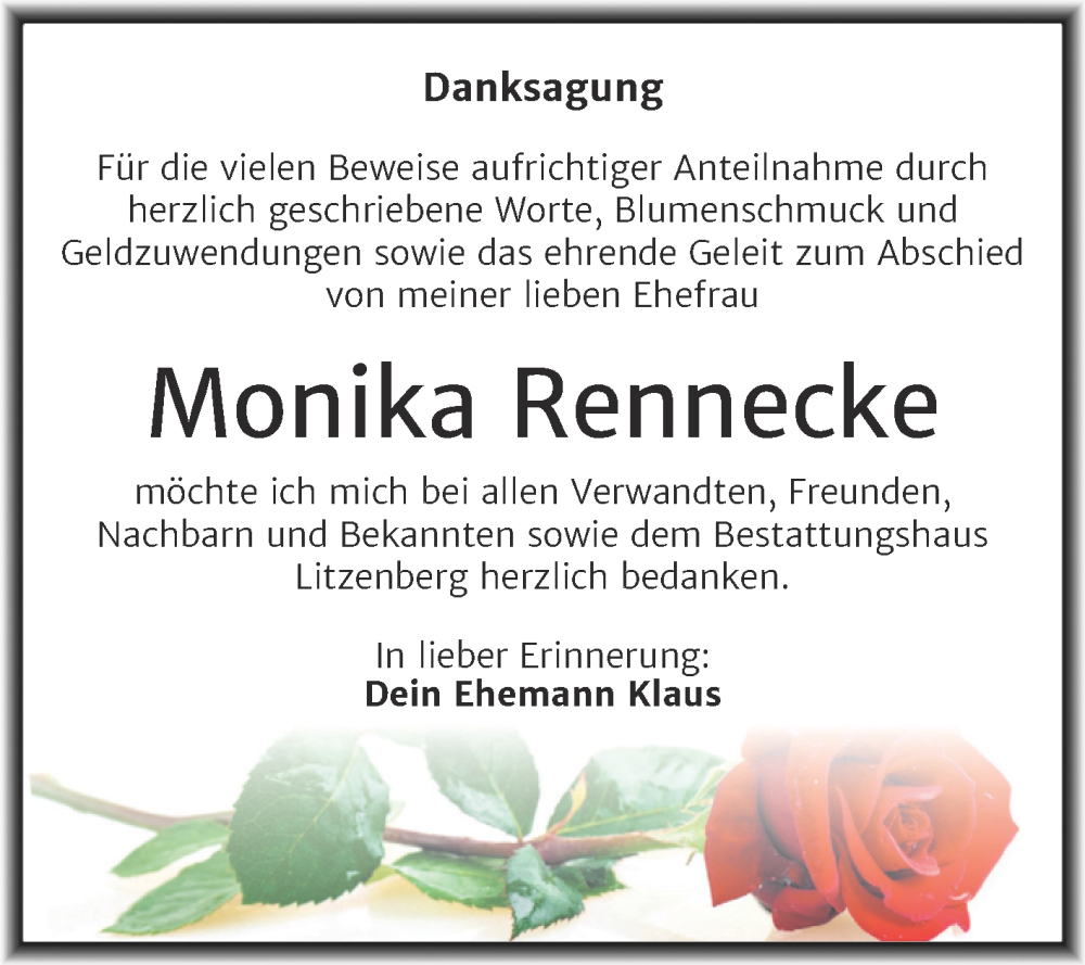  Traueranzeige für Monika Rennecke vom 06.02.2026 aus Trauerkombi Mansfelder Land
