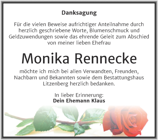 Traueranzeige von Monika Rennecke von Trauerkombi Mansfelder Land