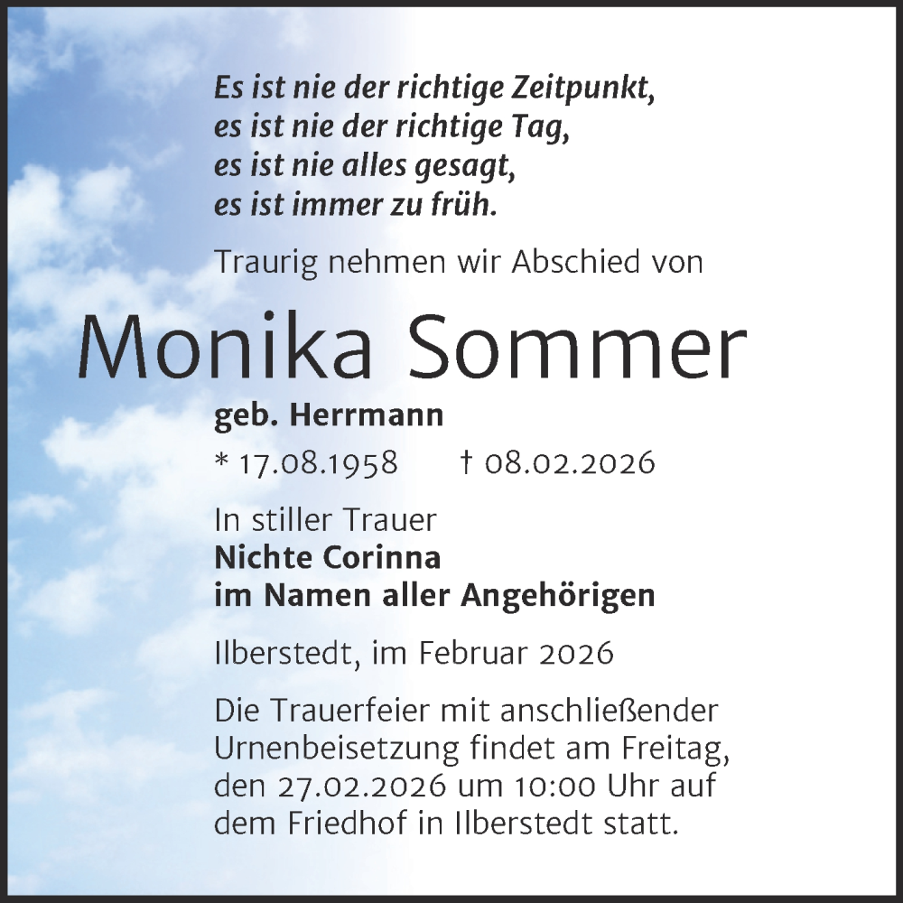  Traueranzeige für Monika Sommer vom 14.02.2026 aus Trauerkombi Bernburg