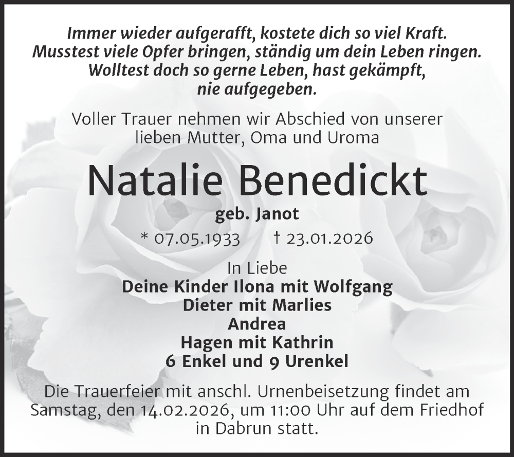  Traueranzeige für Natalie Benedickt vom 07.02.2026 aus Trauerkombi Wittenberg