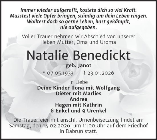 Traueranzeige von Natalie Benedickt von Trauerkombi Wittenberg