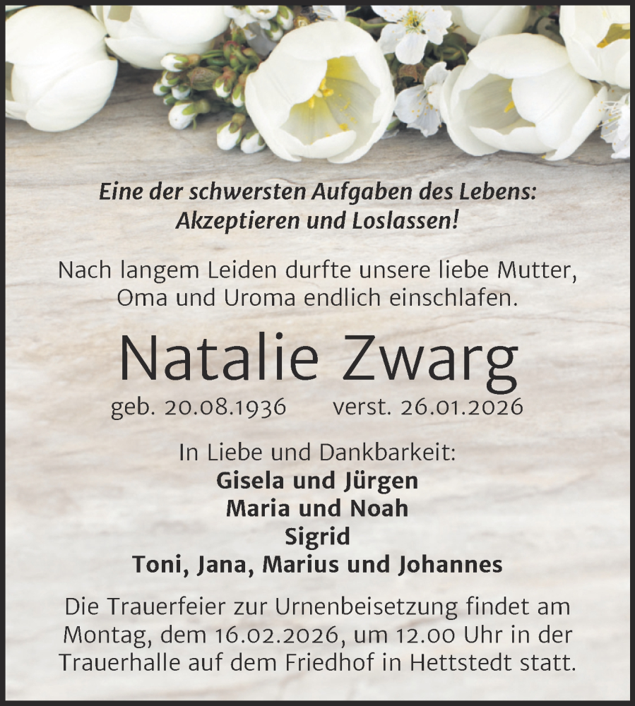  Traueranzeige für Natalie Zwarg vom 07.02.2026 aus Trauerkombi Mansfelder Land