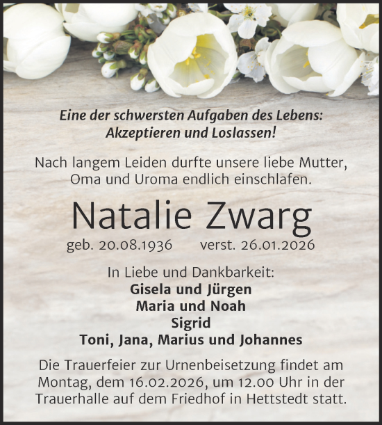 Traueranzeige von Natalie Zwarg von Trauerkombi Mansfelder Land