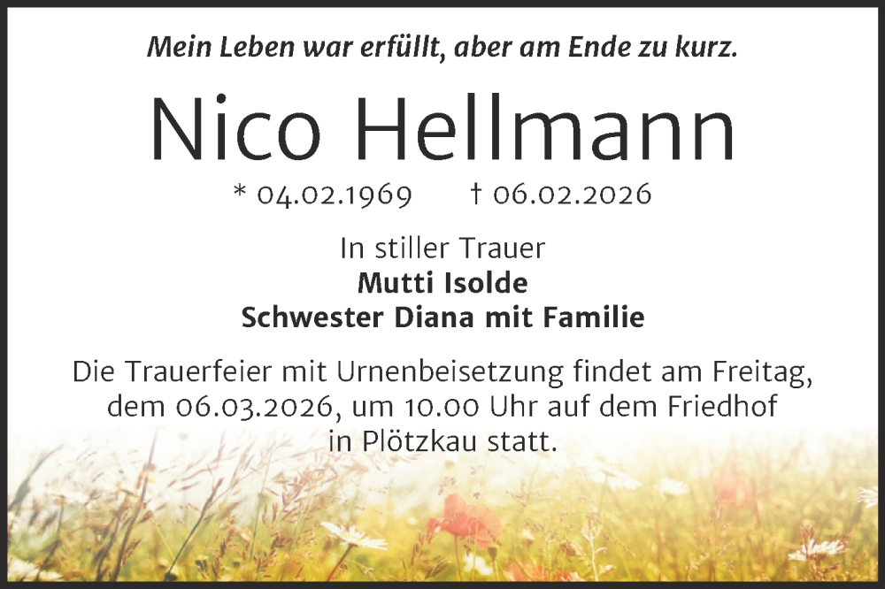  Traueranzeige für Nico Hellmann vom 14.02.2026 aus Trauerkombi Bernburg