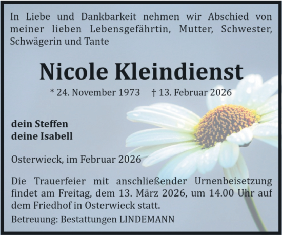 Traueranzeige von Nicole Kleindienst von Volksstimme Halberstadt