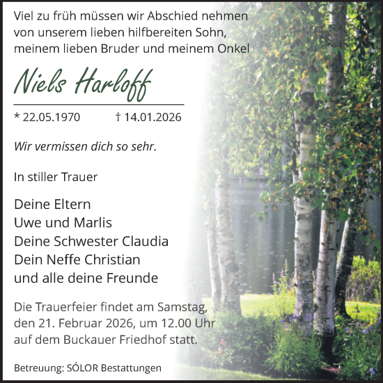 Traueranzeige von Niels Harloff von Volksstimme Magdeburg