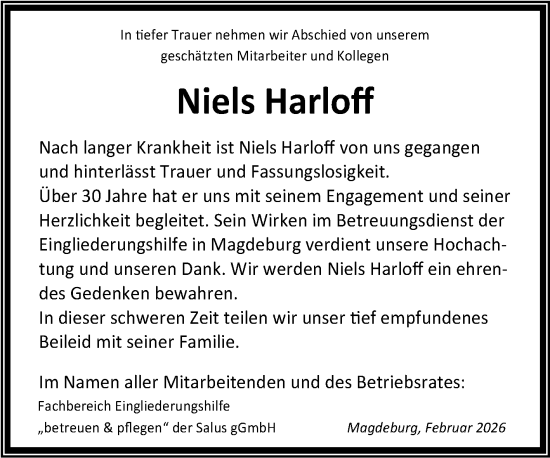 Traueranzeige von Niels Harloff von Volksstimme Magdeburg