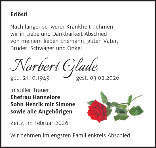 Traueranzeige von Norbert Glade von Trauerkombi Zeitz
