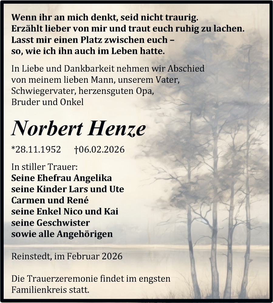  Traueranzeige für Norbert Henze vom 14.02.2026 aus Trauerkombi Quedlinburg