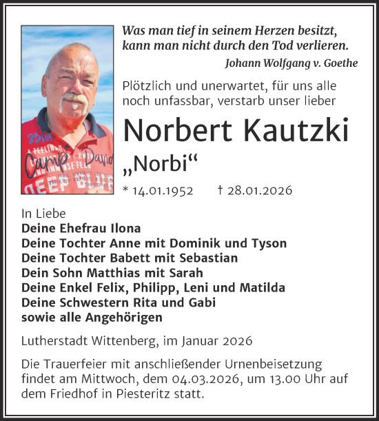 Traueranzeige von Norbert Kautzki von Trauerkombi Wittenberg