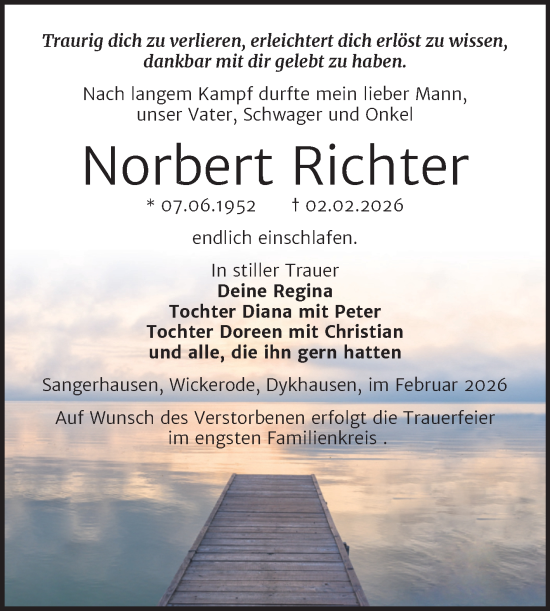 Traueranzeige von Norbert Richter von Trauerkombi Sangerhausen