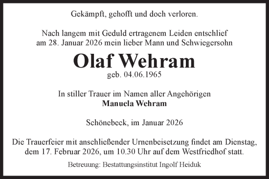 Traueranzeige von Olaf Wehram von Volksstimme Schönebeck