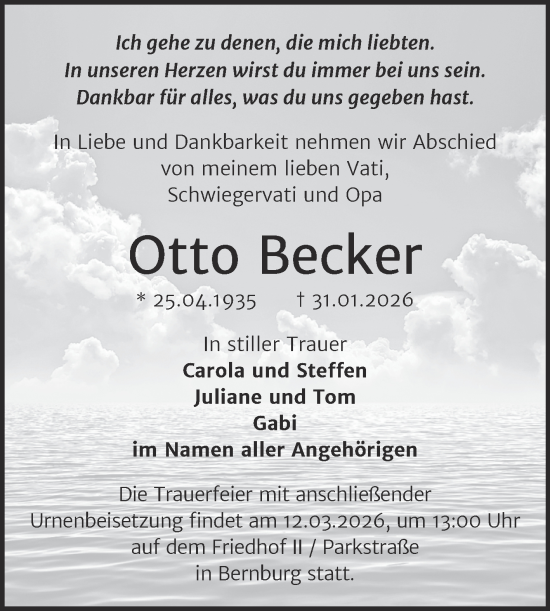 Traueranzeige von Otto Becker von Trauerkombi Bernburg