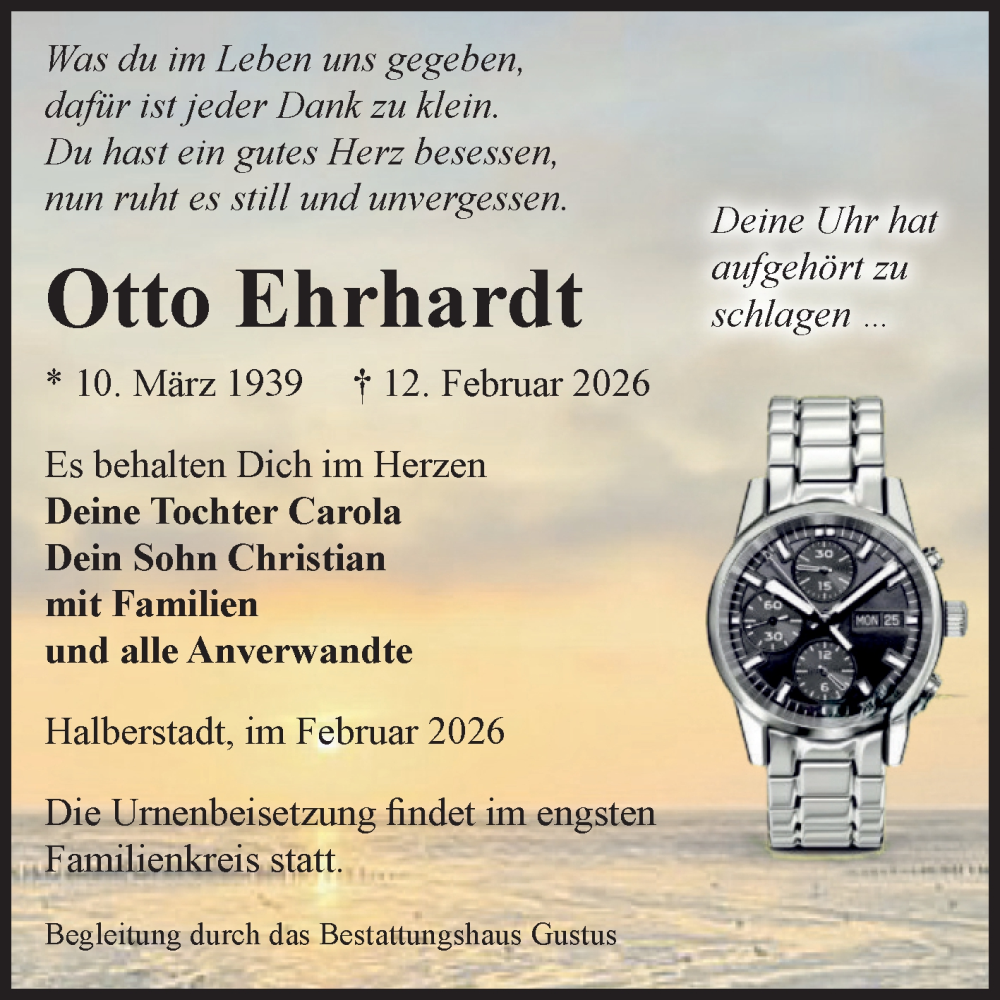  Traueranzeige für Otto Ehrhardt vom 21.02.2026 aus Volksstimme Halberstadt