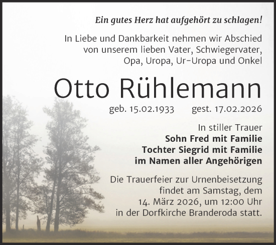 Traueranzeige von Otto Rühlemann von Trauerkombi Merseburg