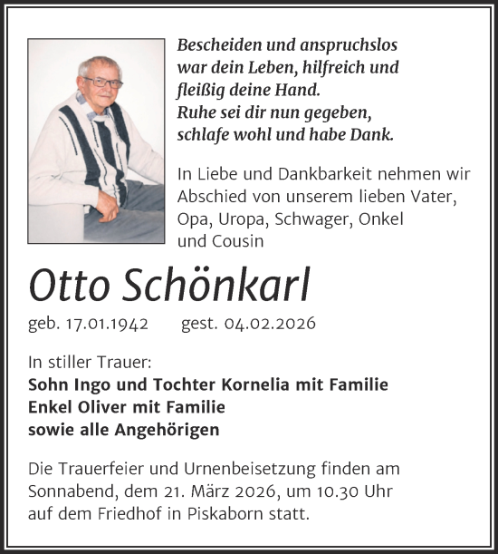 Traueranzeige von Otto Schönkarl von Trauerkombi Mansfelder Land