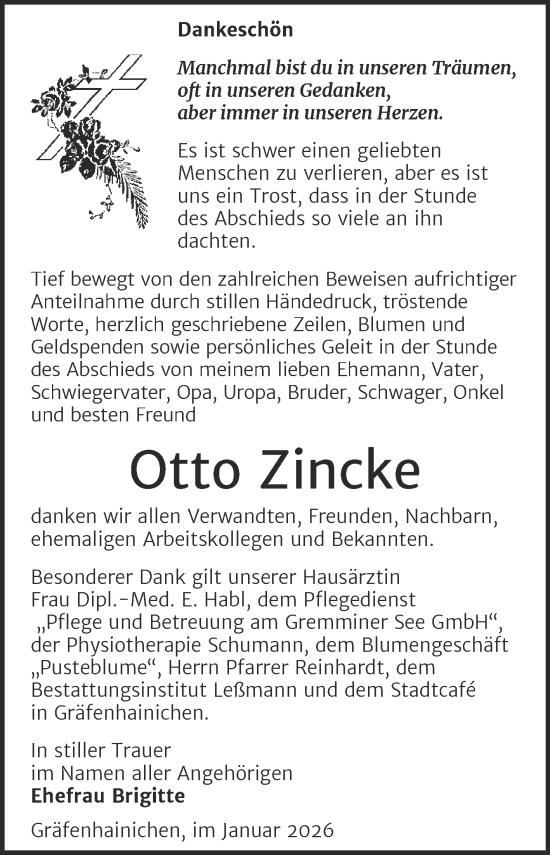 Traueranzeige von Otto Zincke von Trauerkombi Wittenberg